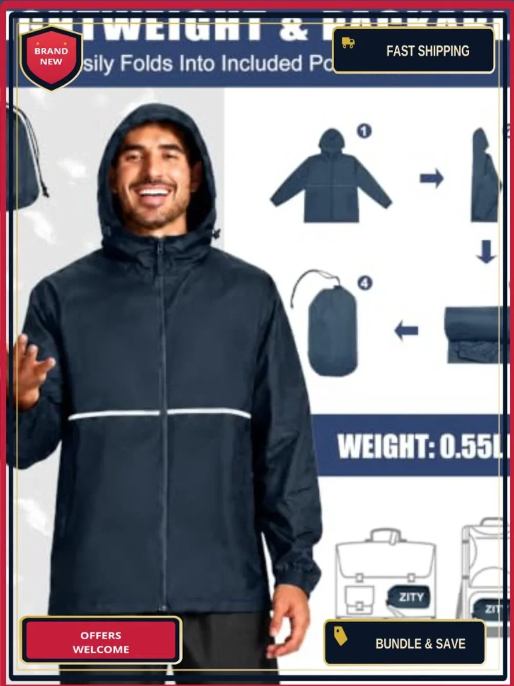 Men's Waterproof Packable Rain Jacket with Reflective Stripes